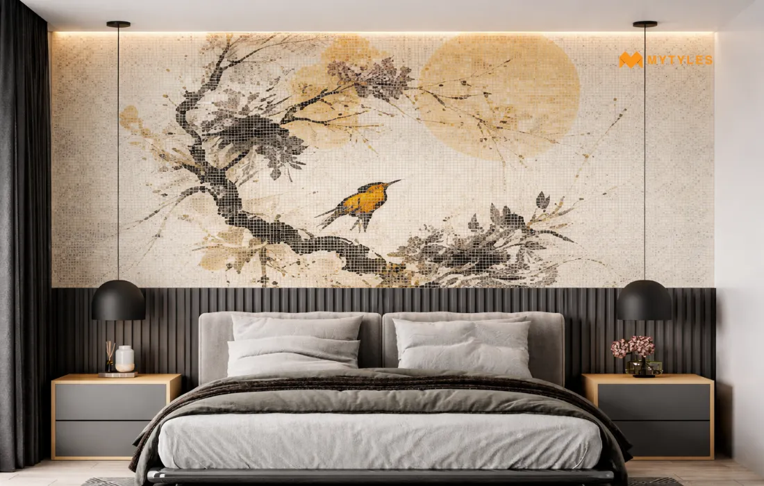 feature wall tile has been displayed behind the bed.